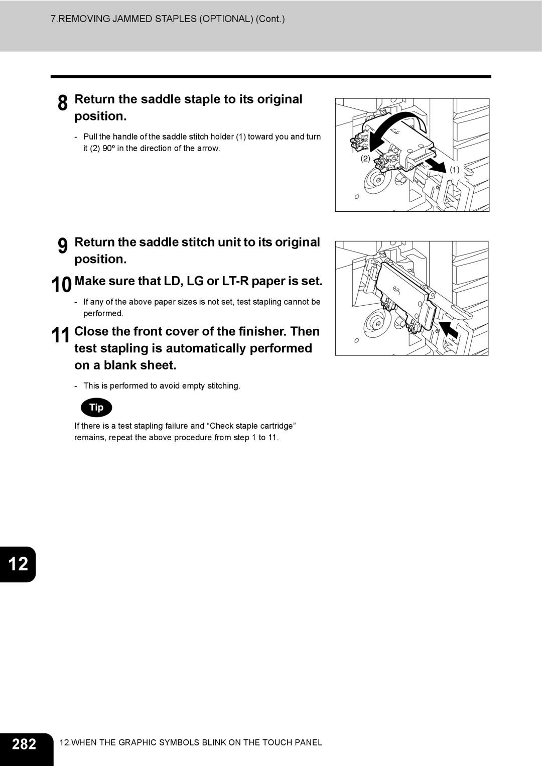 Toshiba 3511 manual 282, Return the saddle staple to its original, Position 