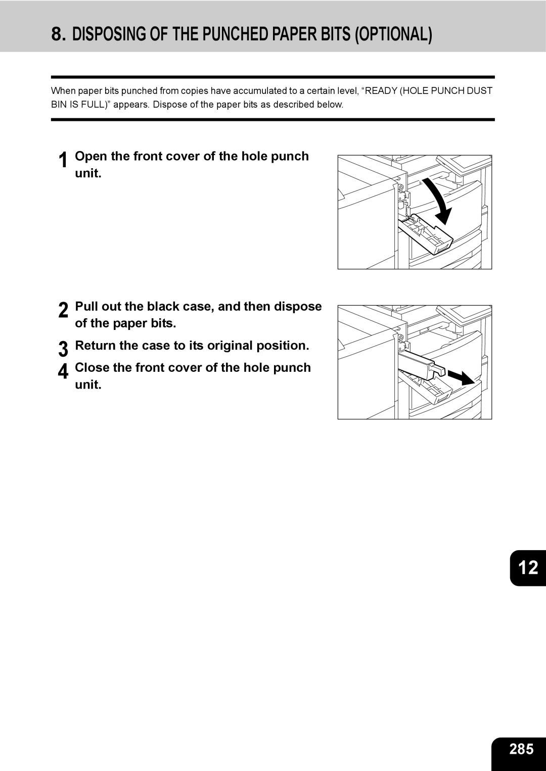 Toshiba 3511 manual Disposing of the Punched Paper Bits Optional, 285 