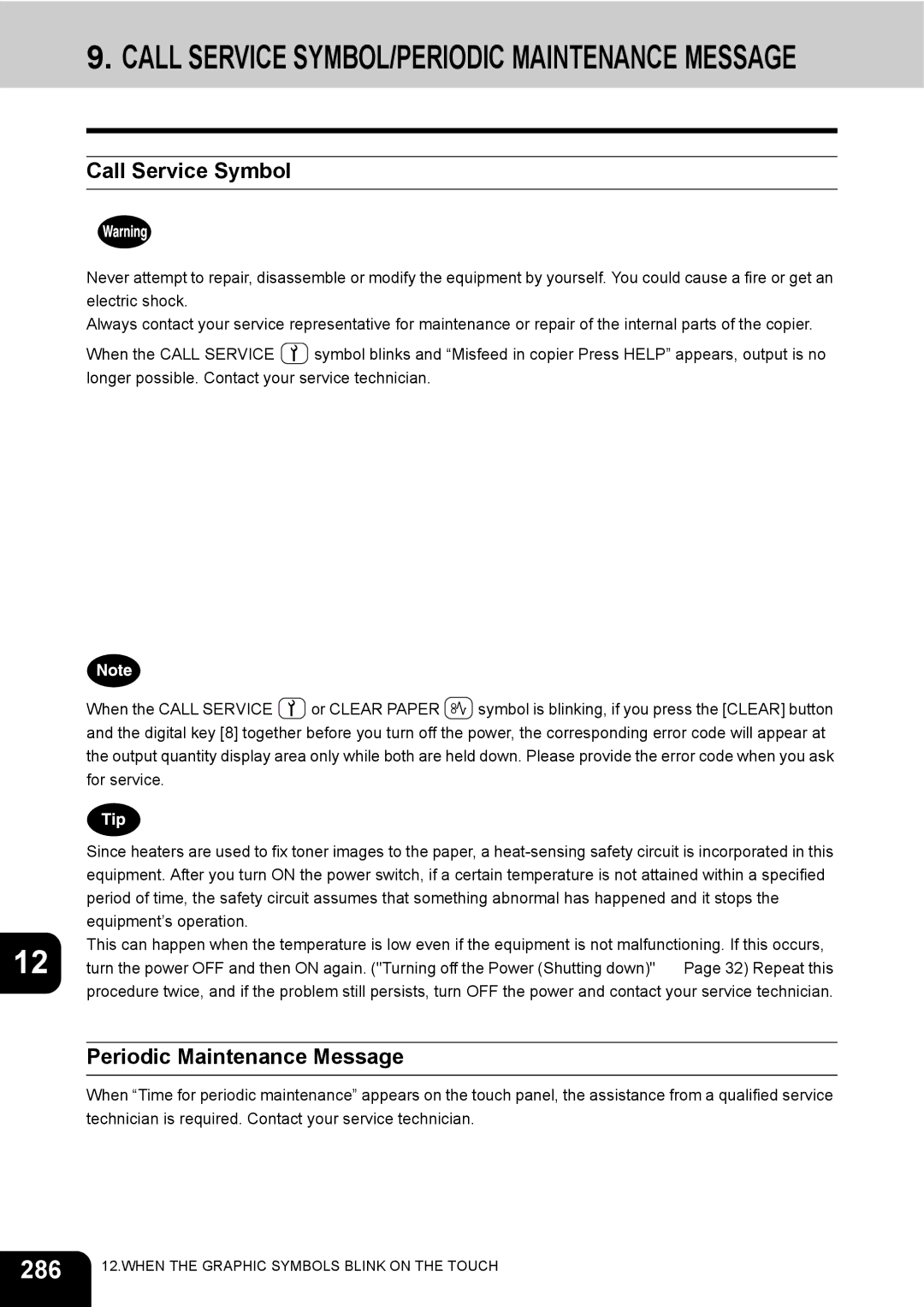 Toshiba 3511 manual 286, Call Service Symbol, Periodic Maintenance Message 