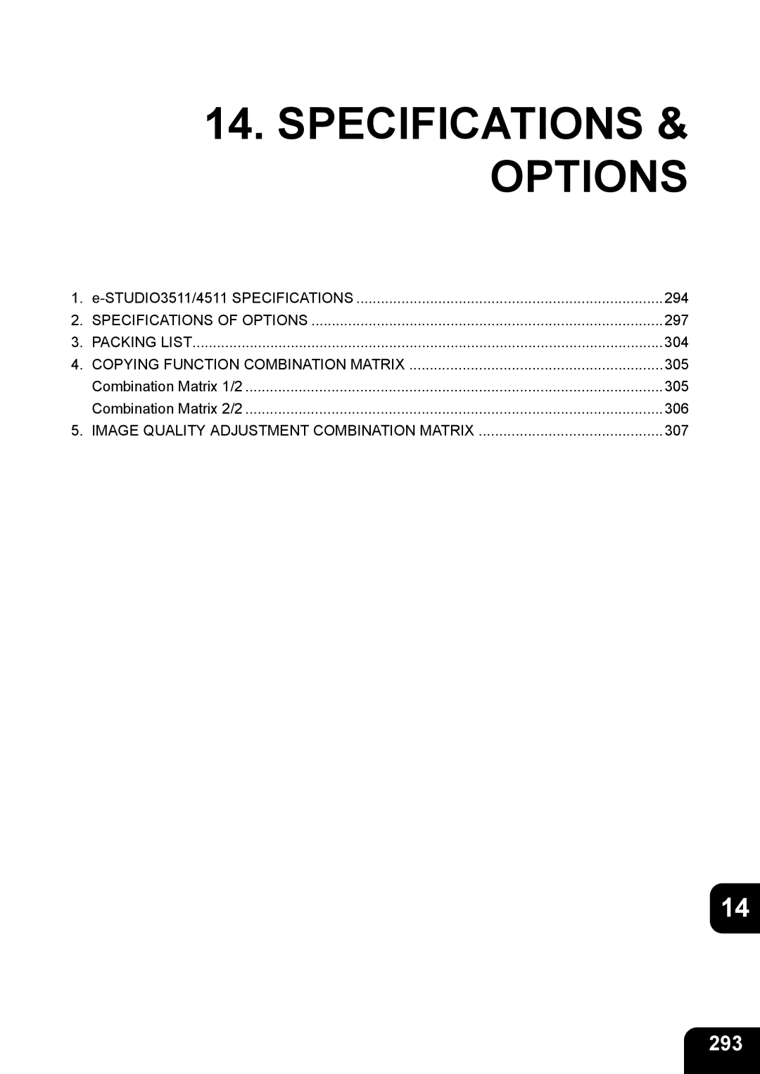 Toshiba 3511 manual Specifications & Options, 293 