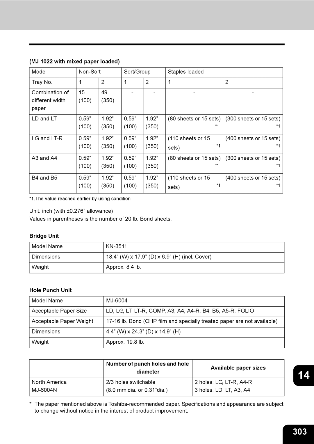Toshiba 3511 manual 303, MJ-1022 with mixed paper loaded, Bridge Unit, Hole Punch Unit 