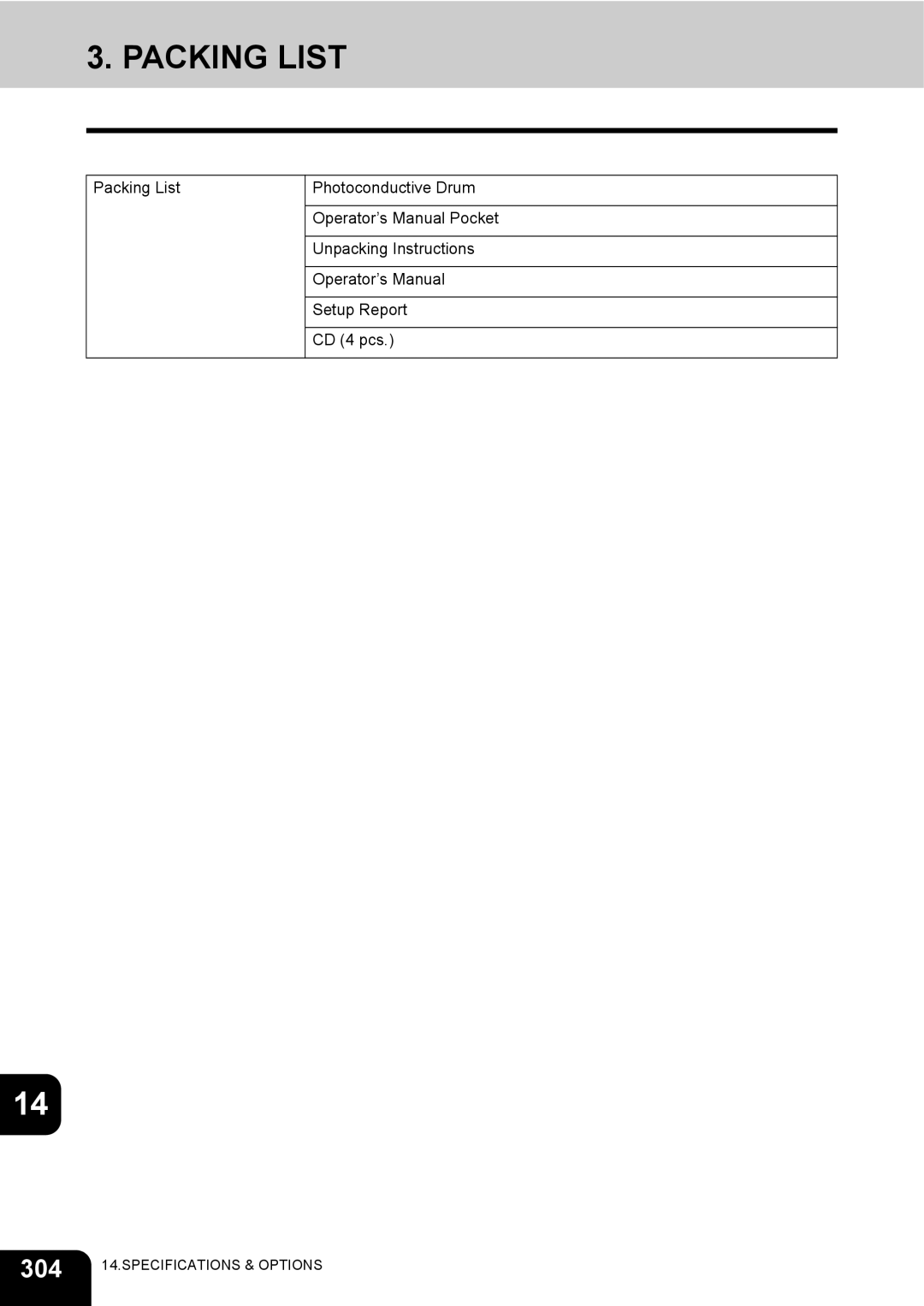 Toshiba 3511 manual Packing List, 304 