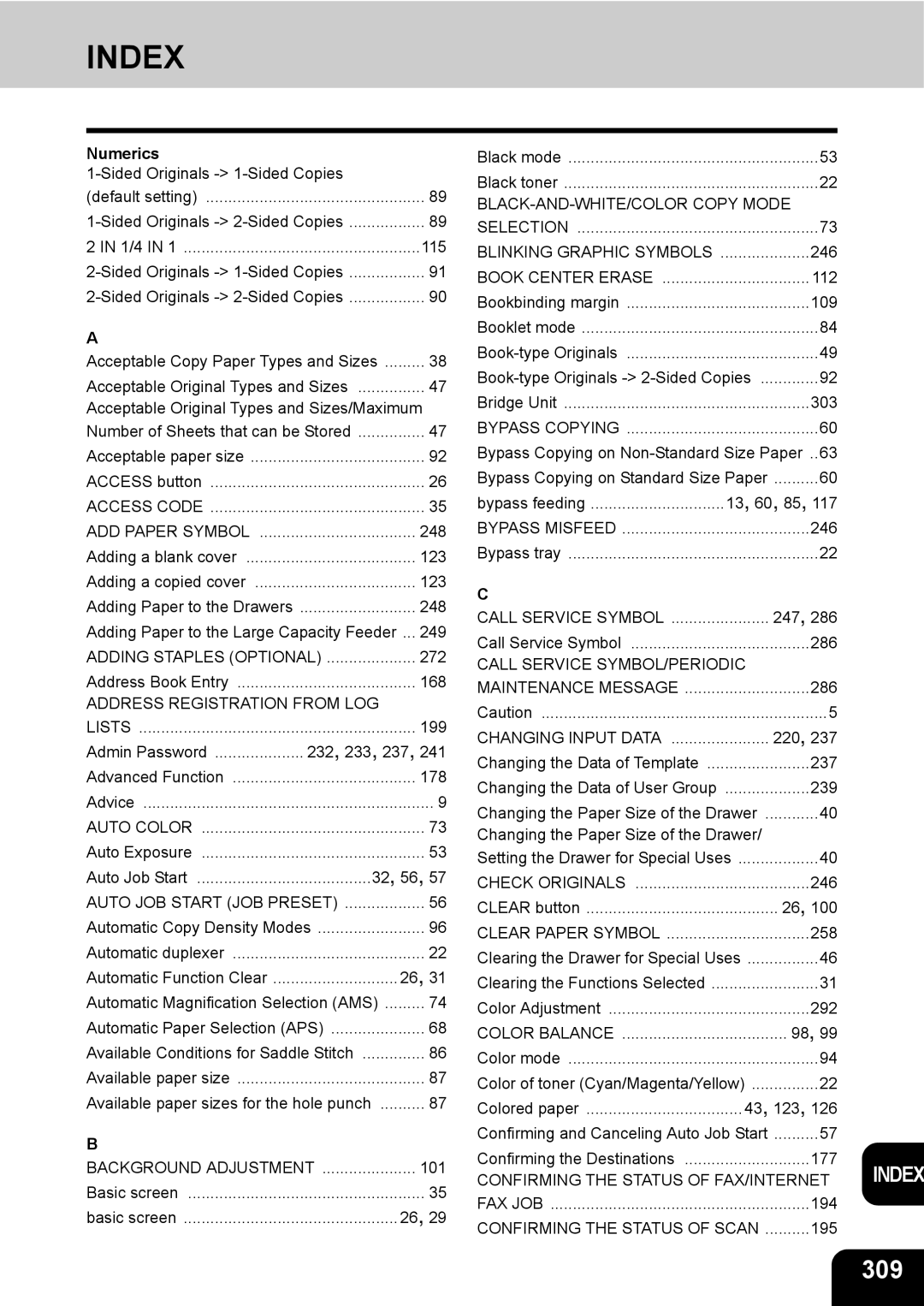 Toshiba 3511 manual Index, 309, Numerics 