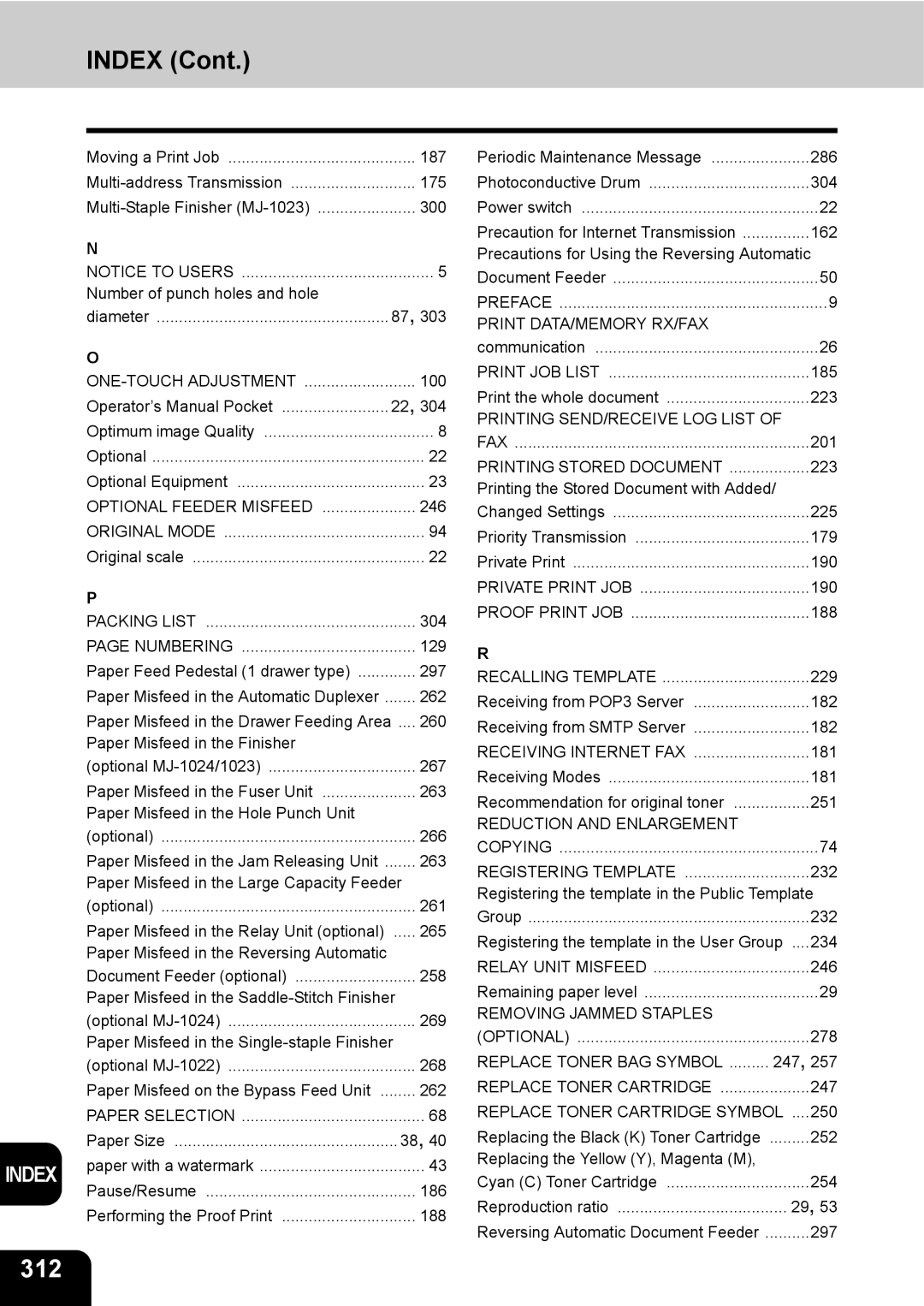 Toshiba 3511 manual 312, Print DATA/MEMORY RX/FAX, Printing SEND/RECEIVE LOG List FAX, Relay Unit Misfeed 