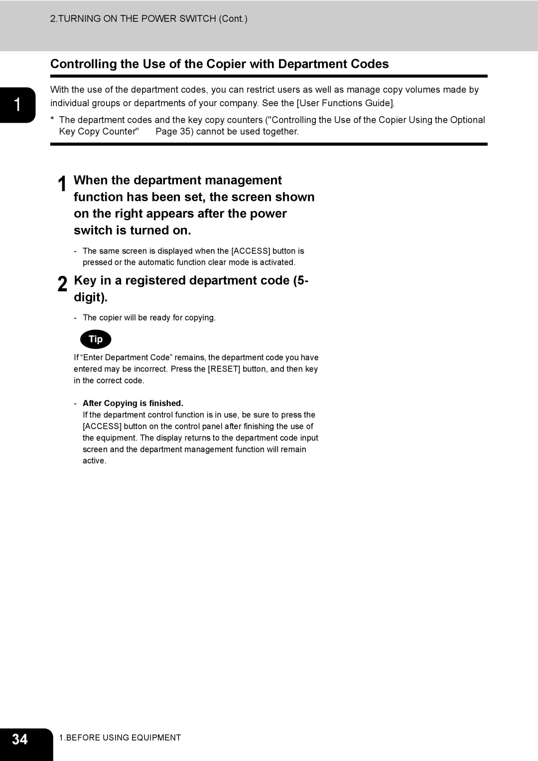 Toshiba 3511 manual Controlling the Use of the Copier with Department Codes, Key in a registered department code 5- digit 