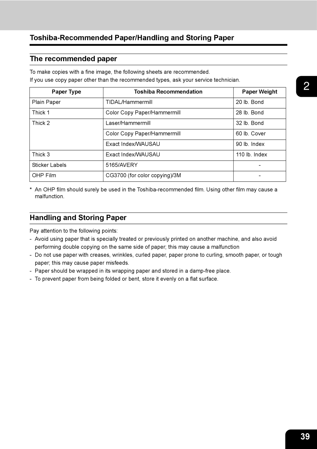 Toshiba 3511 manual Handling and Storing Paper, Paper Type Toshiba Recommendation Paper Weight 