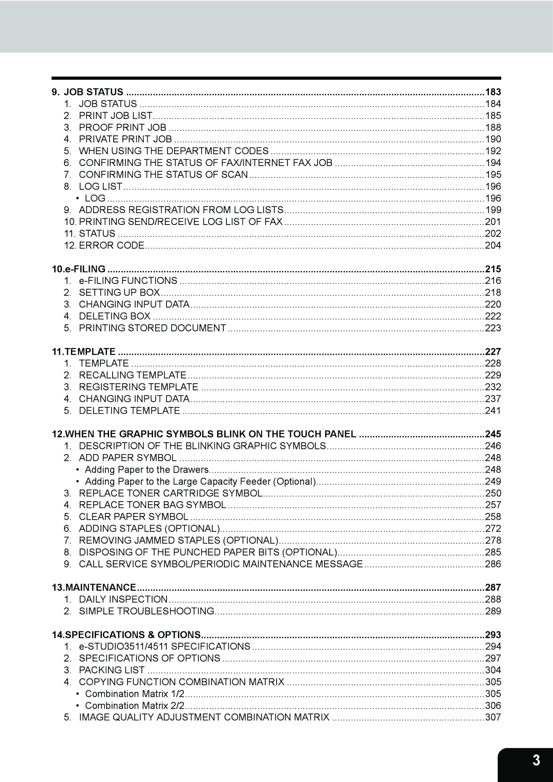 Toshiba 3511 manual 183, Filing 215, 227, 245, 287, 293 