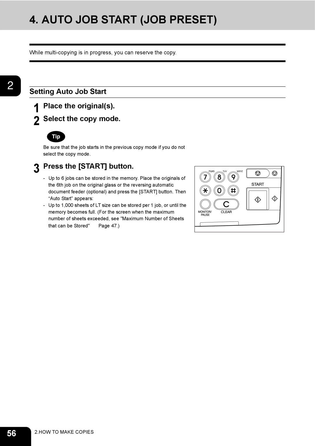 Toshiba 3511 manual Auto JOB Start JOB Preset, Setting Auto Job Start, Place the originals Select the copy mode 