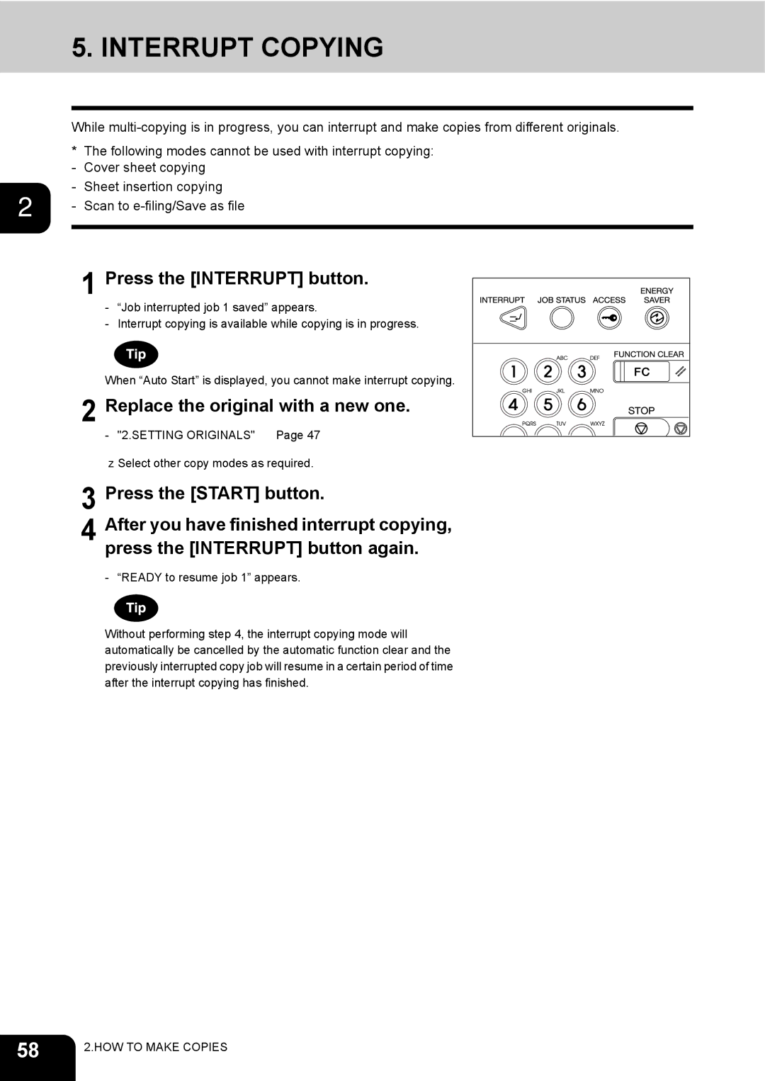 Toshiba 3511 manual Interrupt Copying, Press the Interrupt button, Replace the original with a new one 