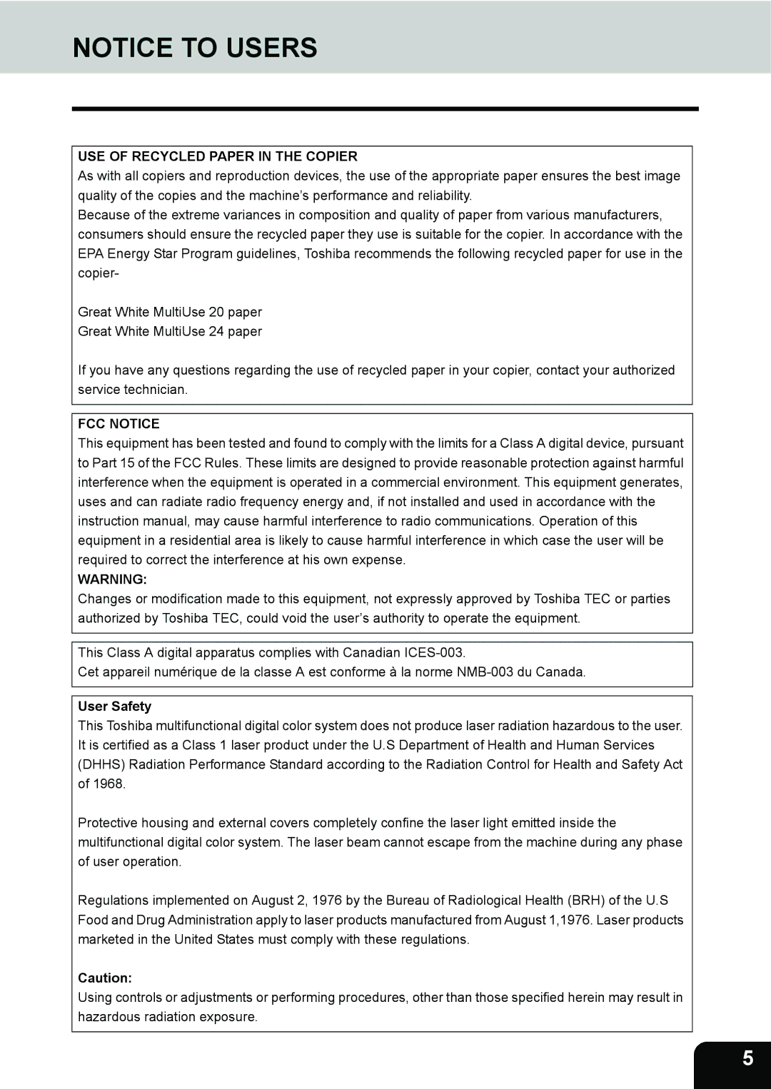 Toshiba 3511 manual USE of Recycled Paper in the Copier, User Safety 