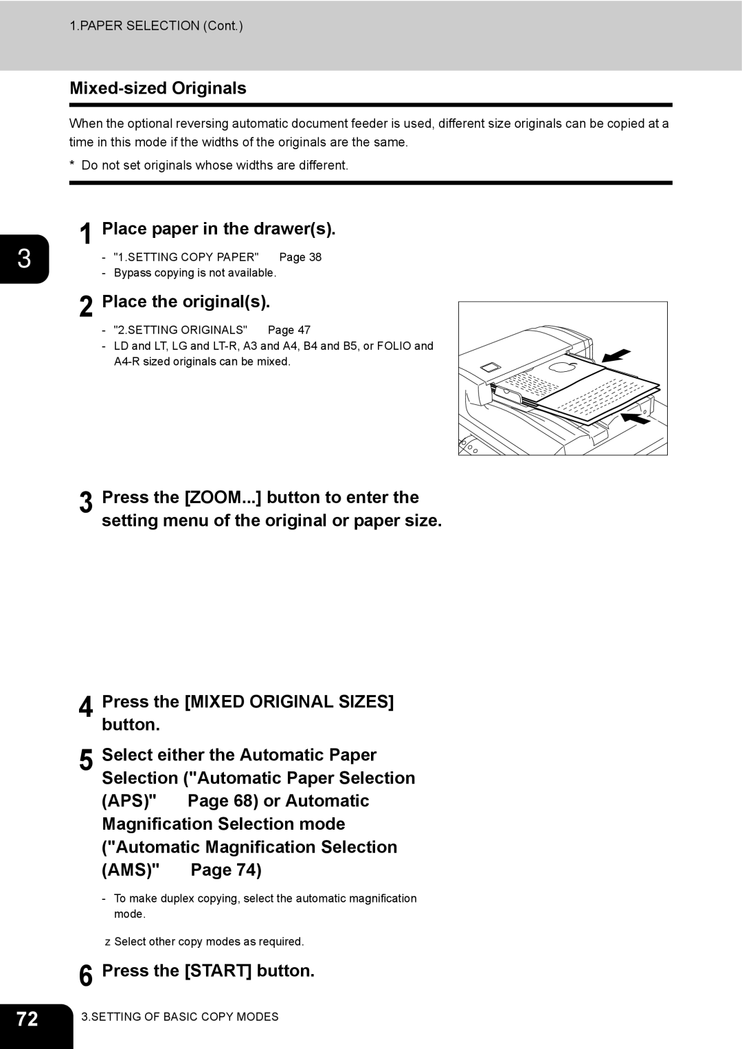 Toshiba 3511 manual Mixed-sized Originals, Place paper in the drawers 