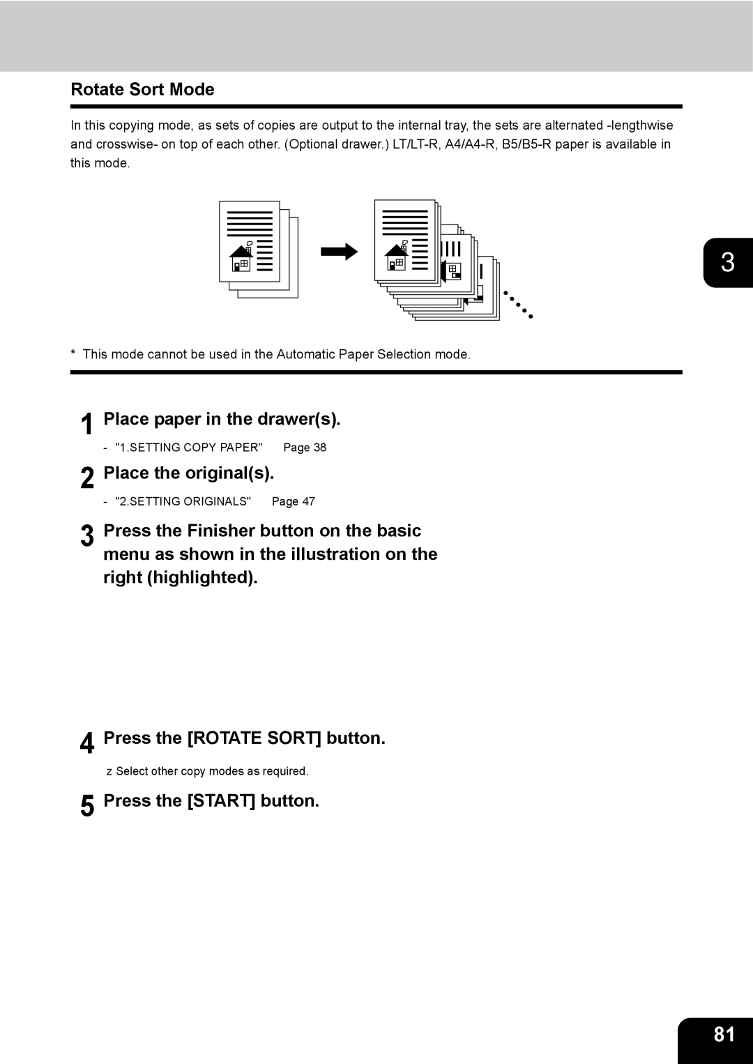 Toshiba 3511 manual Rotate Sort Mode, Place paper in the drawers 