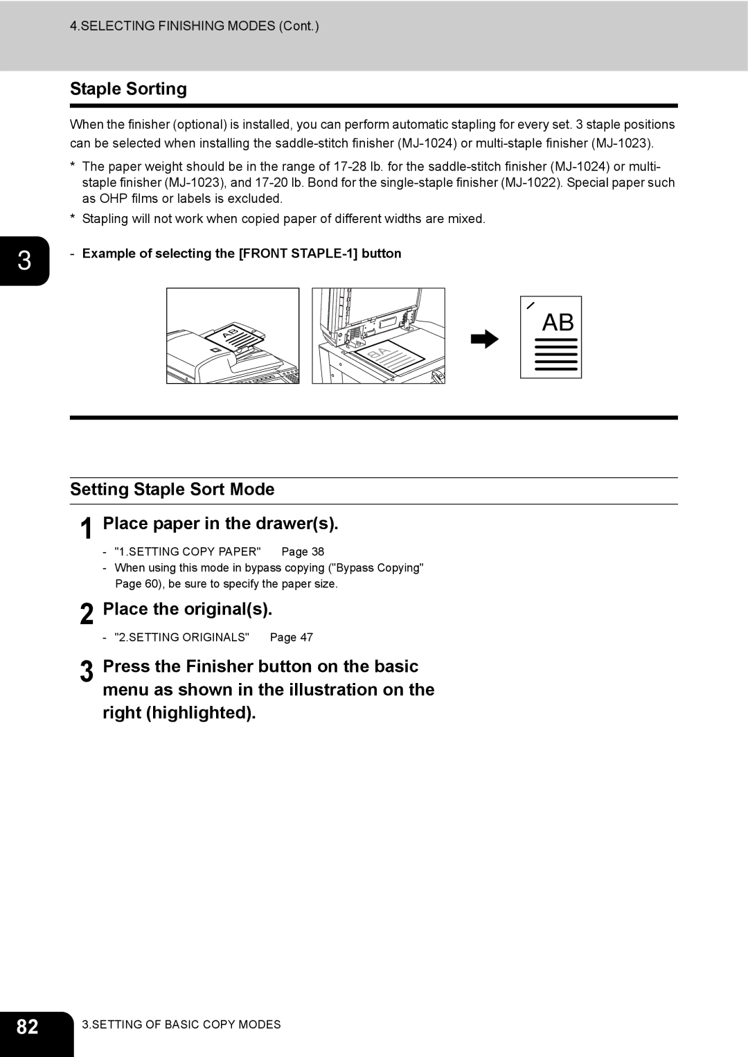 Toshiba 3511 manual Staple Sorting, Setting Staple Sort Mode Place paper in the drawers 