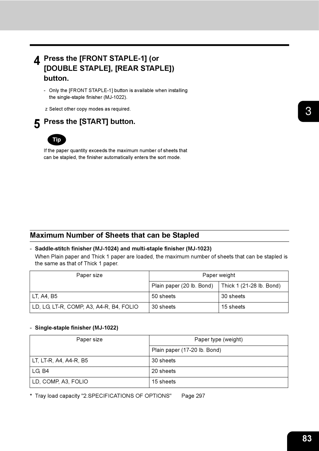 Toshiba 3511 Maximum Number of Sheets that can be Stapled, LD, LG, LT-R, COMP, A3, A4-R, B4, Folio, LD, COMP, A3, Folio 