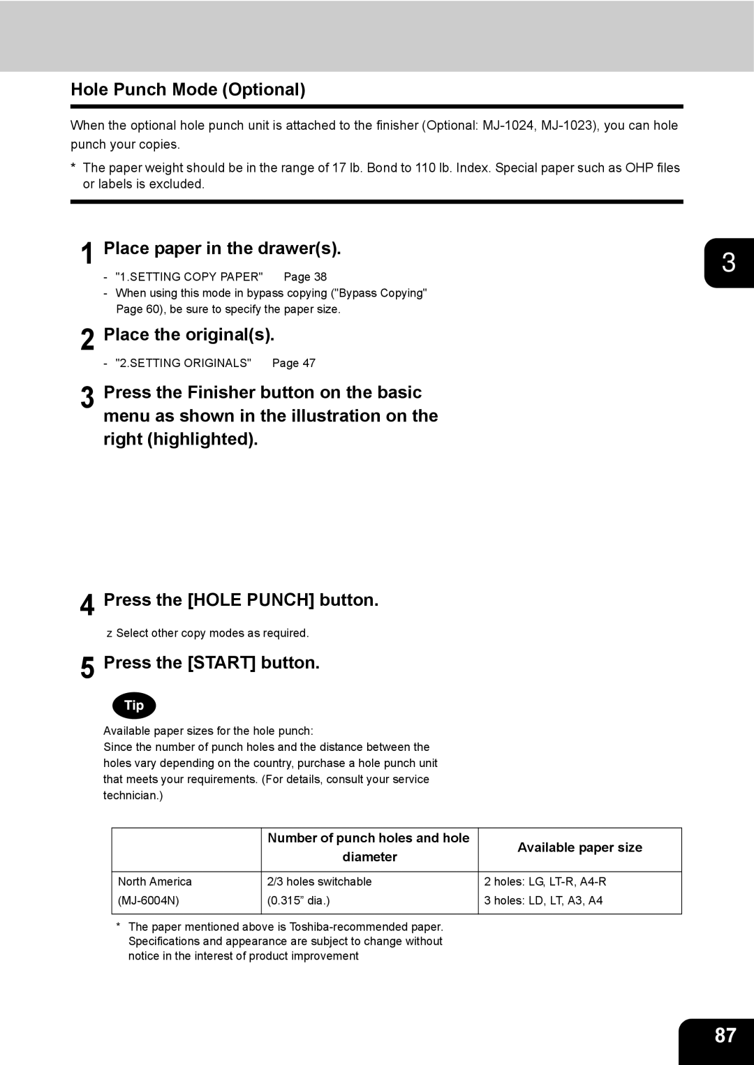 Toshiba 3511 manual Hole Punch Mode Optional, Number of punch holes and hole Available paper size Diameter 