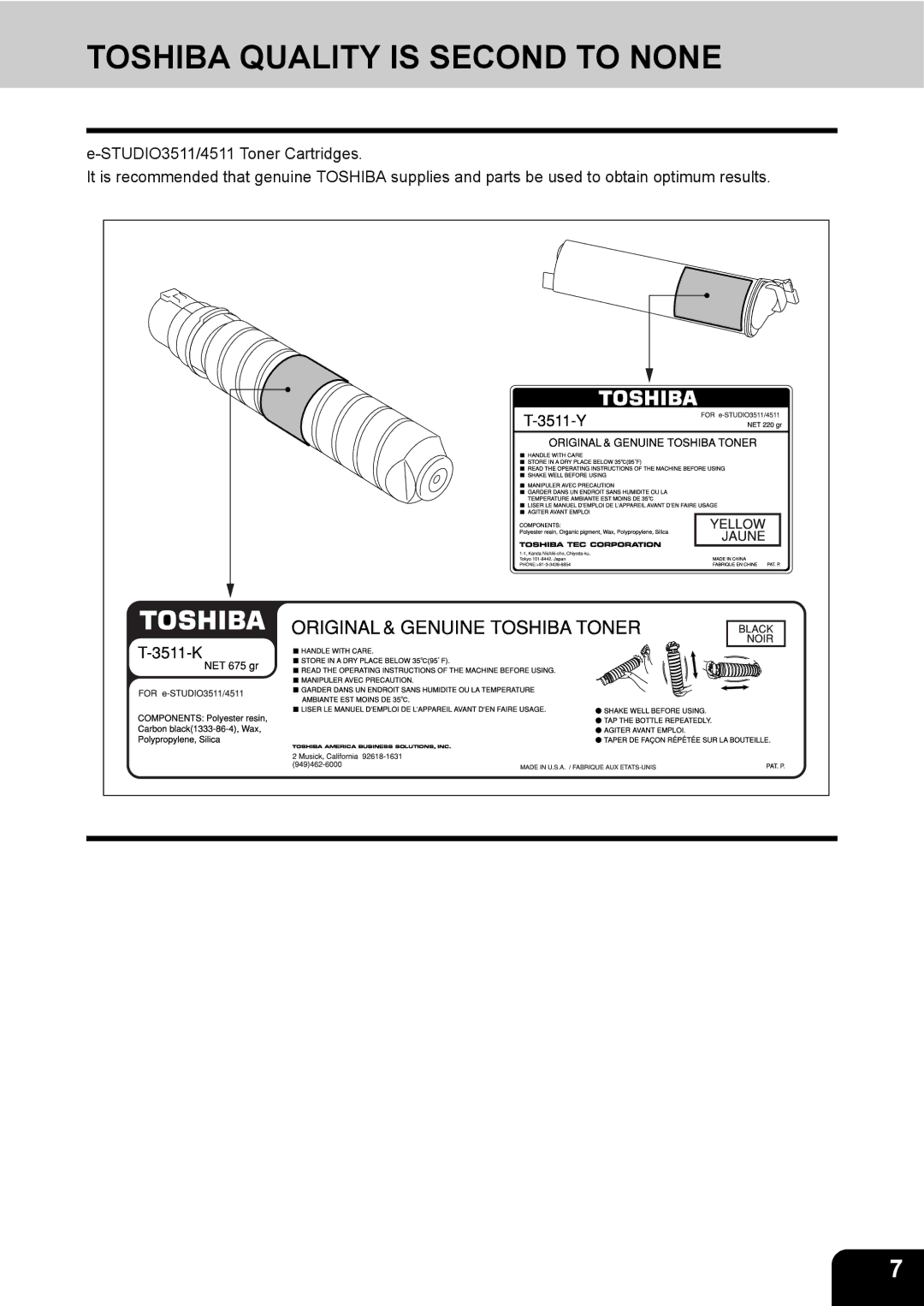 Toshiba 3511 manual Toshiba Quality is Second to None 