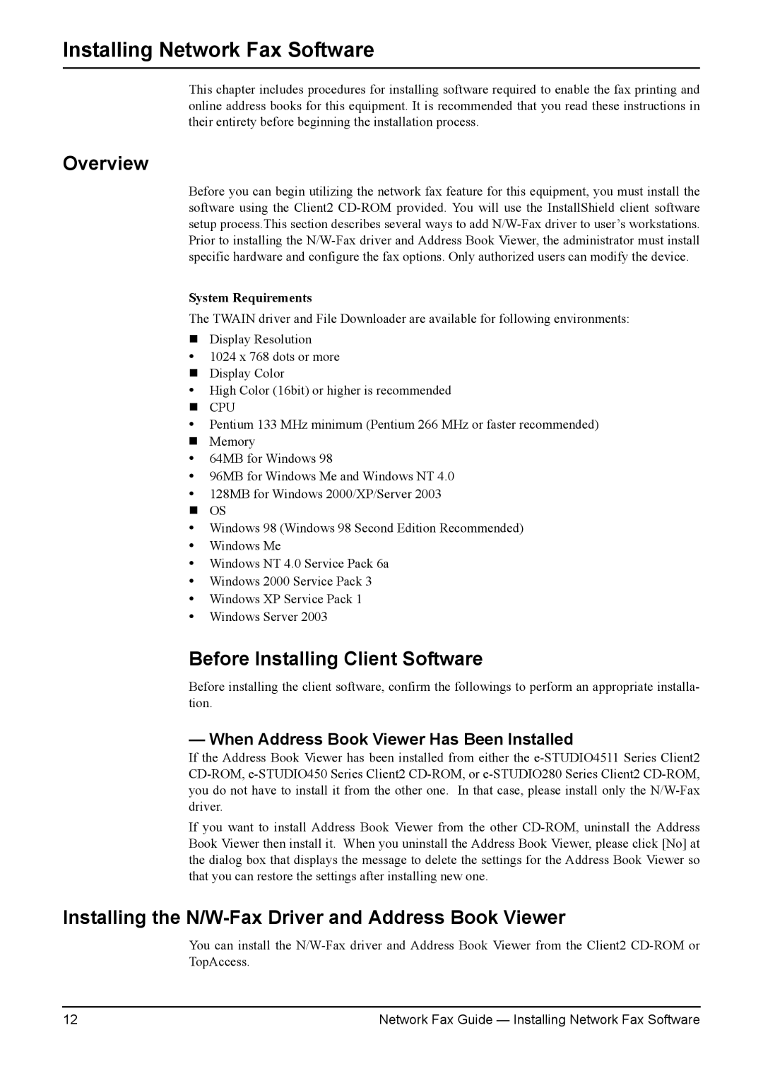 Toshiba 3511/4511 manual Overview, Before Installing Client Software, Installing the N/W-Fax Driver and Address Book Viewer 