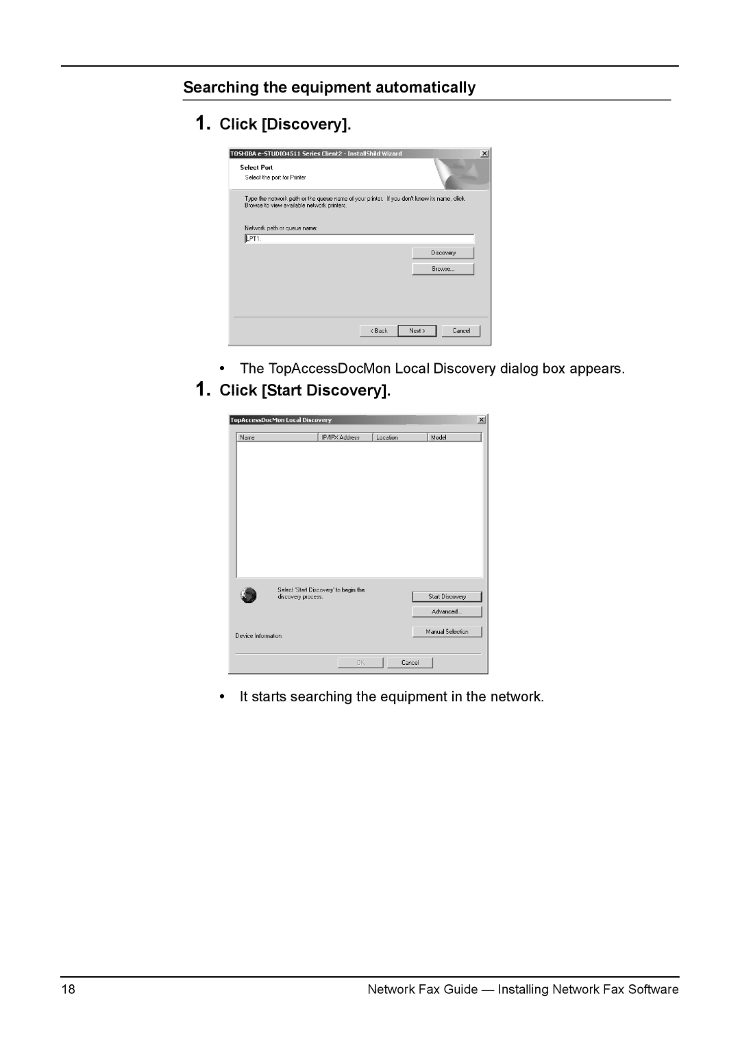 Toshiba 3511/4511, 230/280, 350/450 manual Searching the equipment automatically Click Discovery, Click Start Discovery 