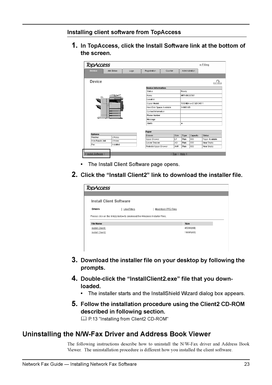 Toshiba 350/450, 3511/4511, 230/280 manual Uninstalling the N/W-Fax Driver and Address Book Viewer 