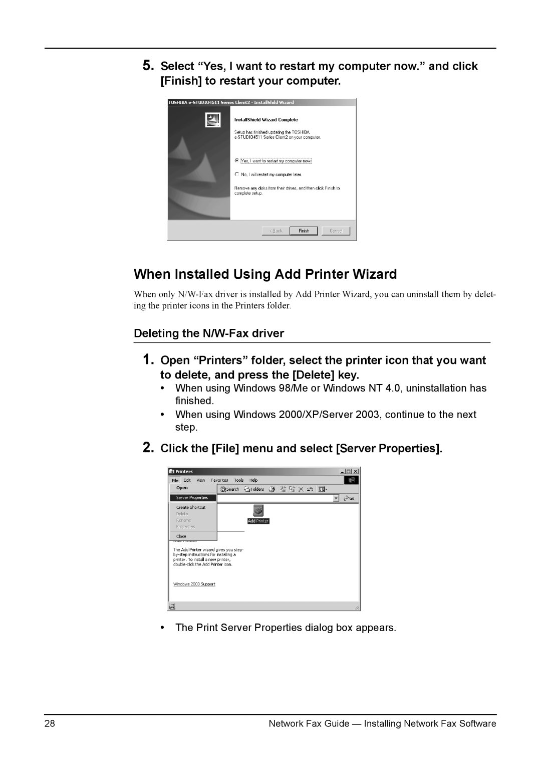 Toshiba 230/280, 3511/4511 manual When Installed Using Add Printer Wizard, Click the File menu and select Server Properties 