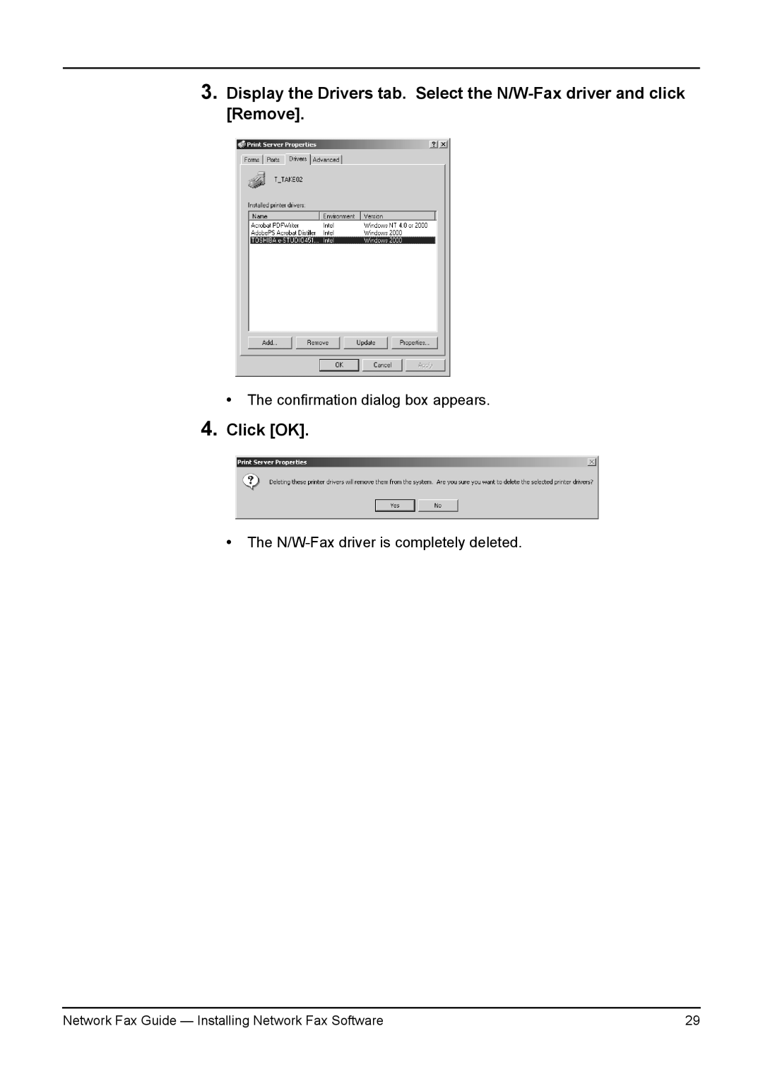 Toshiba 350/450, 3511/4511, 230/280 manual Click OK, N/W-Fax driver is completely deleted 