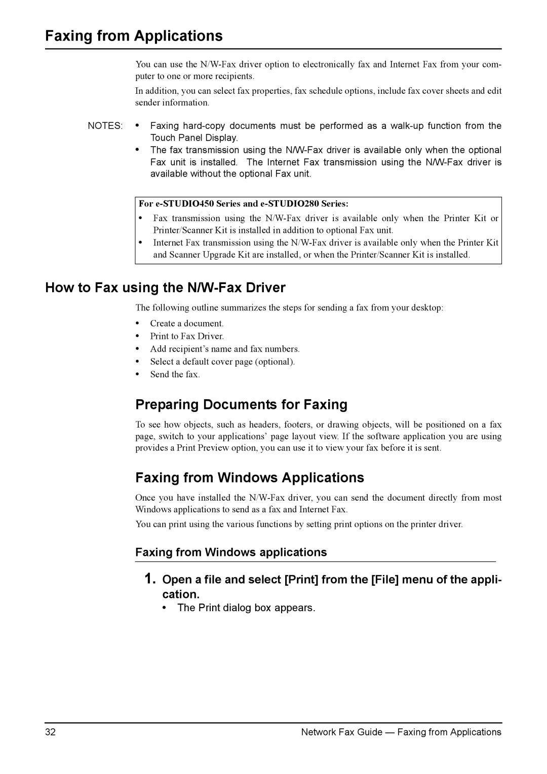 Toshiba 350/450 How to Fax using the N/W-Fax Driver, Preparing Documents for Faxing, Faxing from Windows Applications 