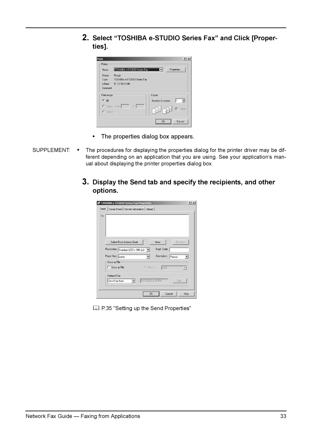 Toshiba 3511/4511, 230/280 manual Select Toshiba e-STUDIO Series Fax and Click Proper- ties, Properties dialog box appears 