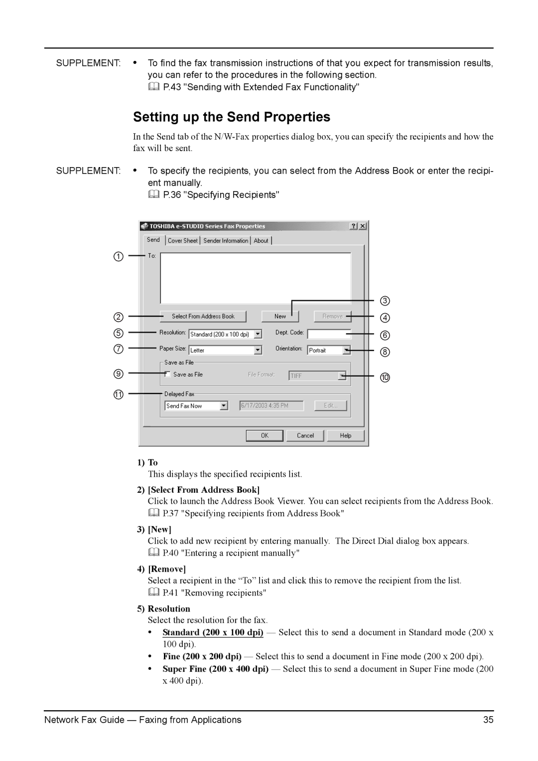 Toshiba 350/450, 3511/4511, 230/280 manual Setting up the Send Properties, Select From Address Book, New, Remove, Resolution 