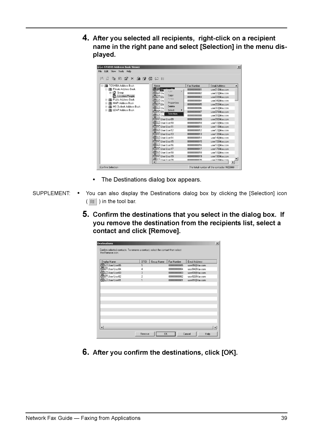 Toshiba 3511/4511, 230/280, 350/450 manual Destinations dialog box appears 