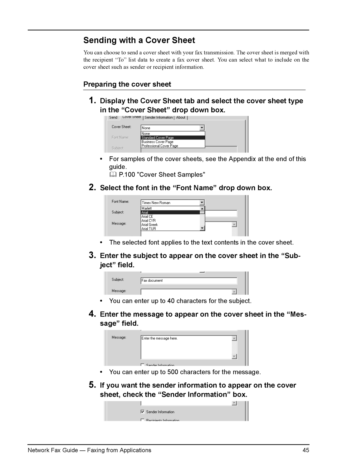 Toshiba 3511/4511, 230/280, 350/450 manual Sending with a Cover Sheet, Select the font in the Font Name drop down box 