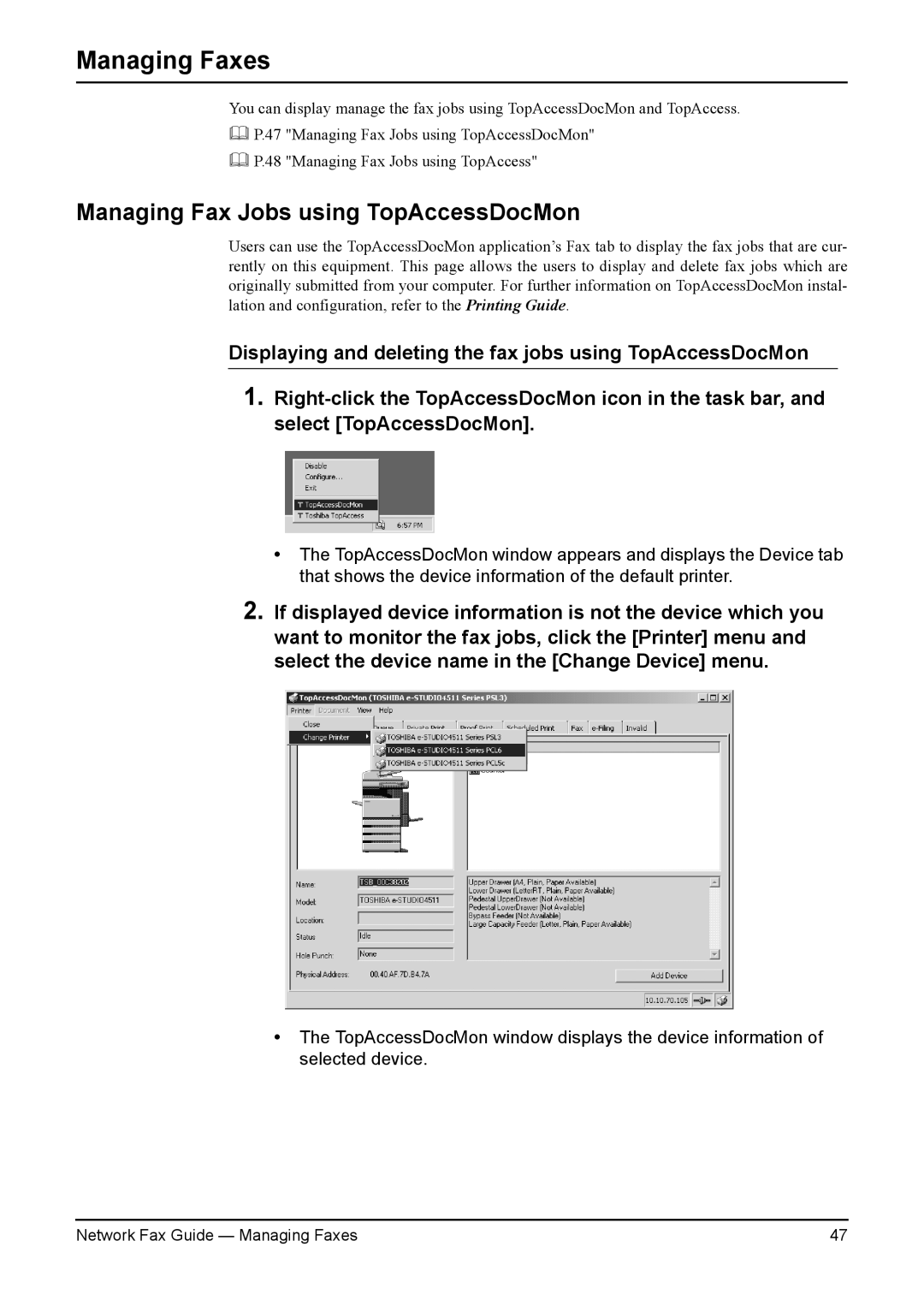 Toshiba 350/450, 3511/4511, 230/280 manual Managing Faxes, Managing Fax Jobs using TopAccessDocMon 