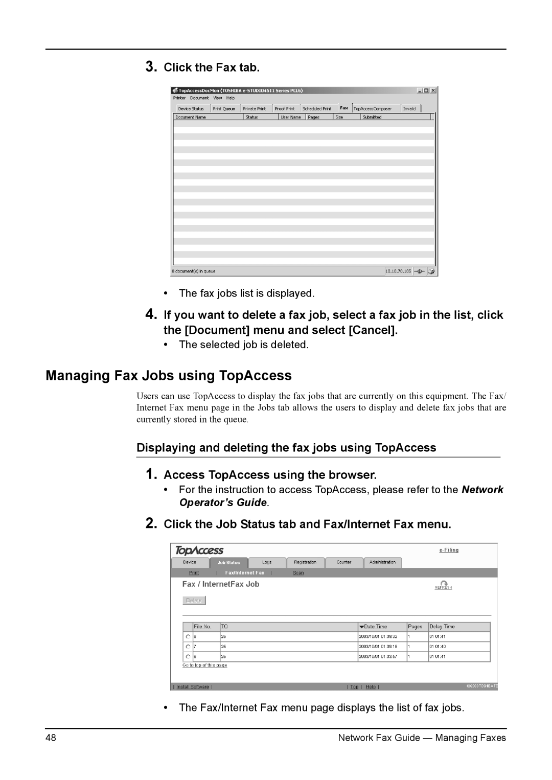 Toshiba 3511/4511 Managing Fax Jobs using TopAccess, Click the Fax tab, Click the Job Status tab and Fax/Internet Fax menu 