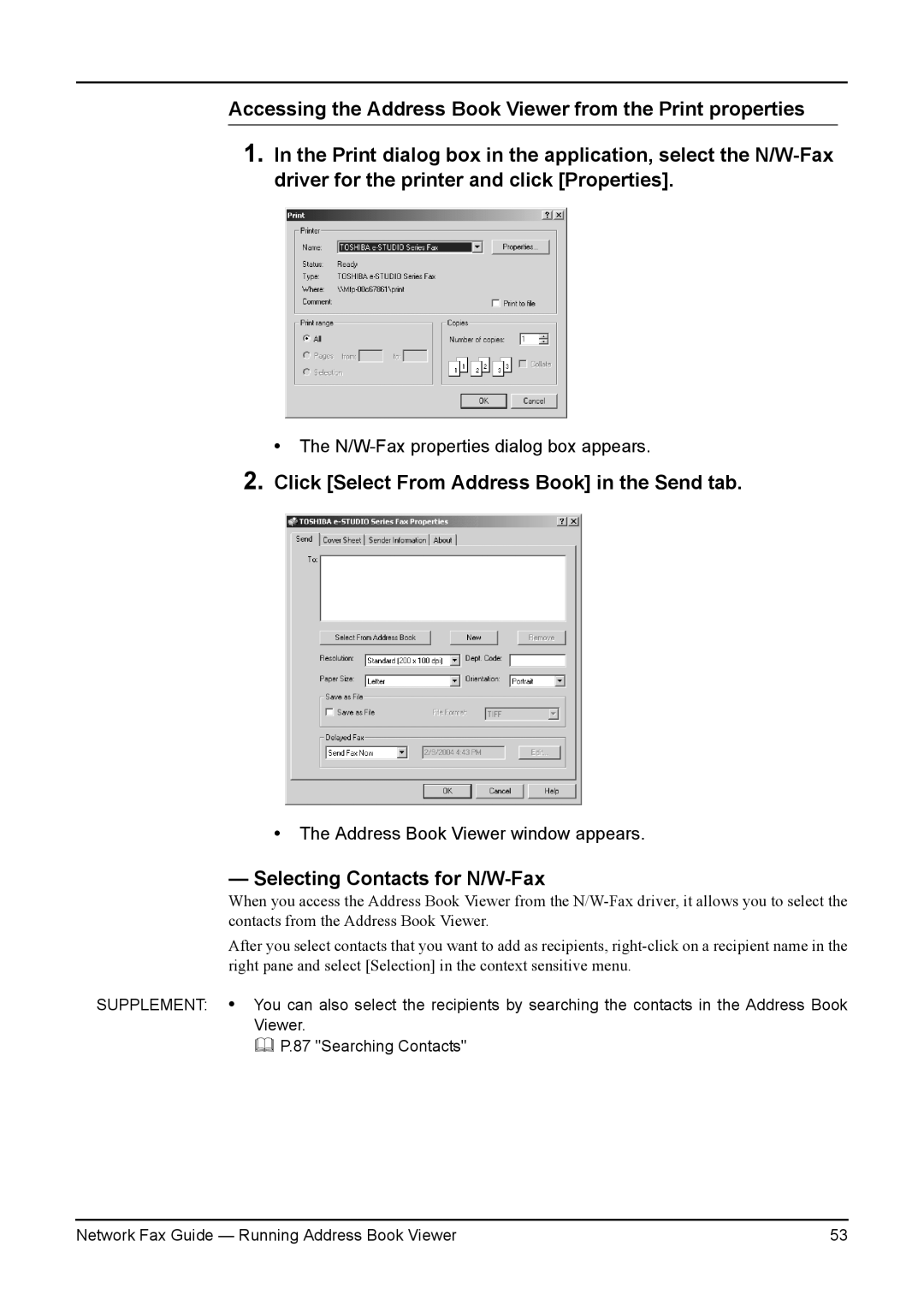 Toshiba 350/450, 3511/4511, 230/280 manual Click Select From Address Book in the Send tab, Selecting Contacts for N/W-Fax 