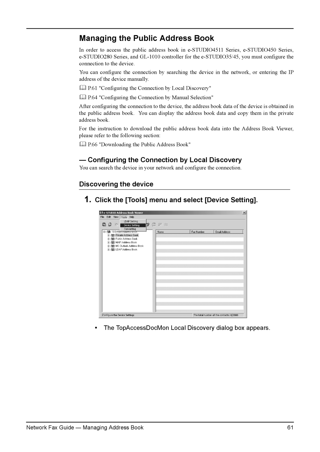 Toshiba 230/280, 3511/4511, 350/450 manual Managing the Public Address Book, Configuring the Connection by Local Discovery 