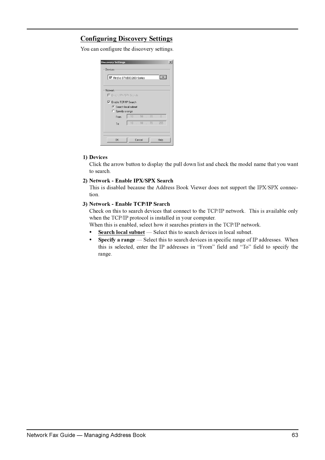 Toshiba 3511/4511, 230/280, 350/450 manual Devices, Network Enable IPX/SPX Search, Network Enable TCP/IP Search 