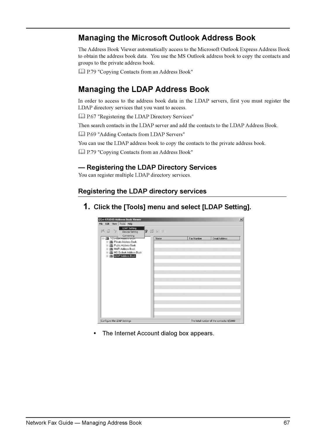 Toshiba 230/280, 3511/4511, 350/450 manual Managing the Microsoft Outlook Address Book, Managing the Ldap Address Book 