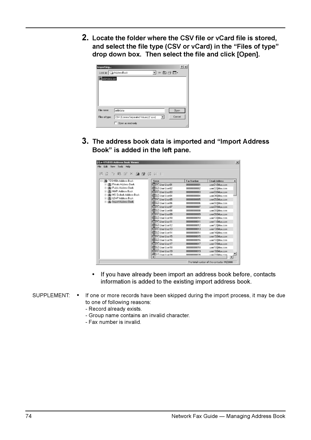 Toshiba 350/450, 3511/4511, 230/280 manual Network Fax Guide Managing Address Book 