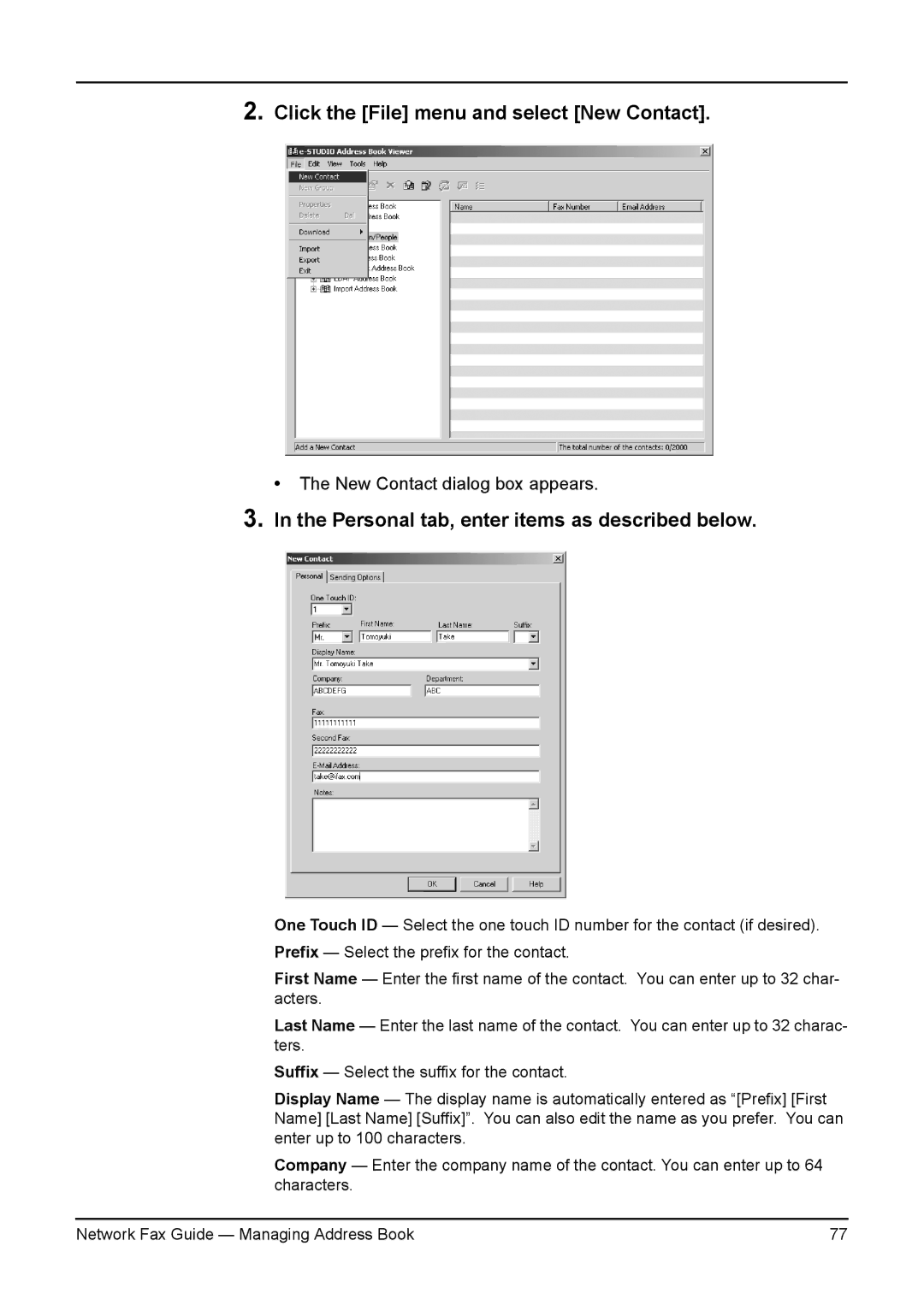 Toshiba 350/450, 3511/4511 manual Click the File menu and select New Contact, Personal tab, enter items as described below 