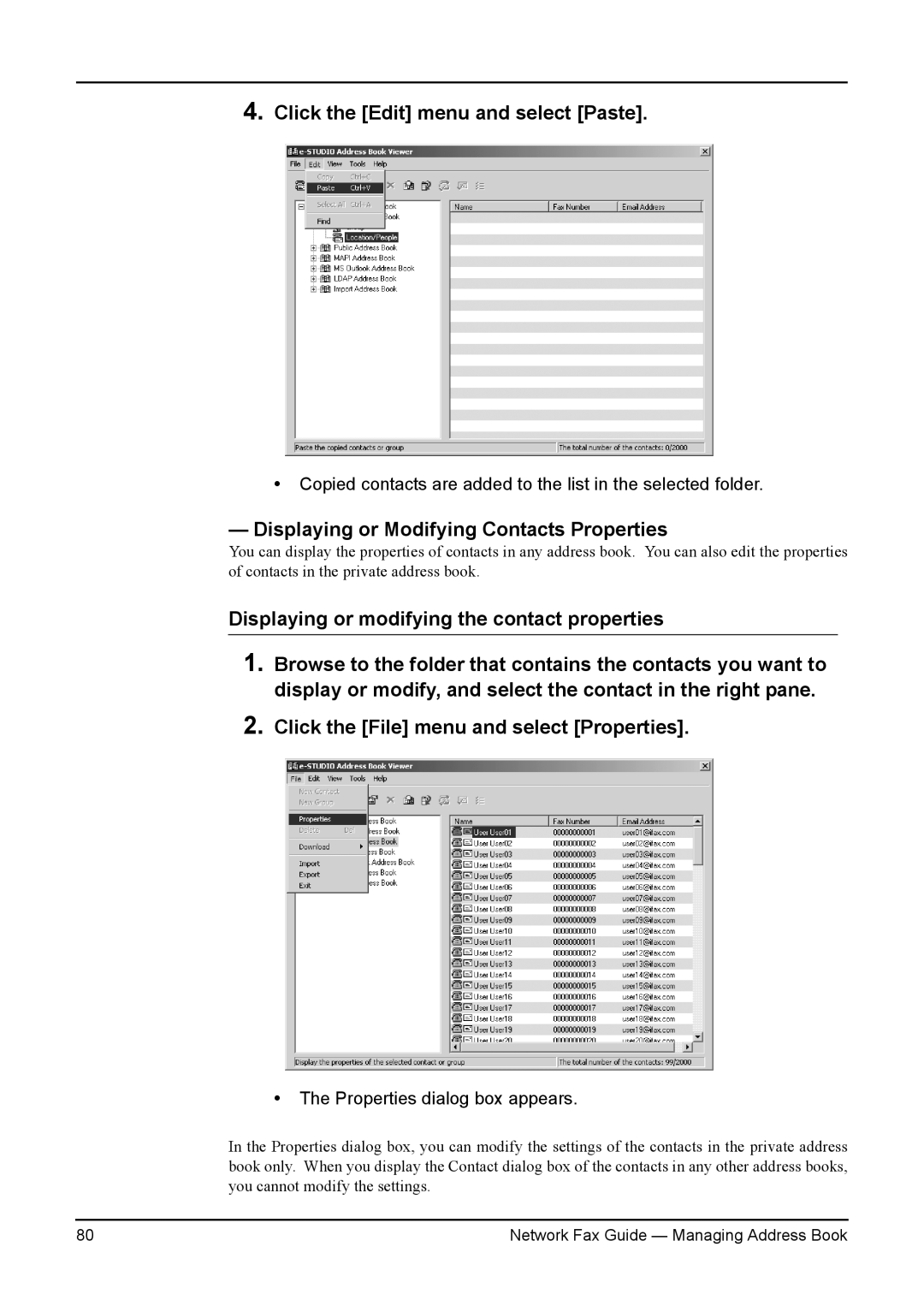 Toshiba 350/450, 3511/4511, 230/280 manual Click the Edit menu and select Paste, Displaying or Modifying Contacts Properties 