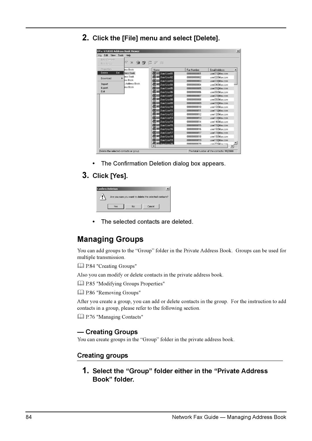 Toshiba 3511/4511, 230/280, 350/450 manual Managing Groups, Click the File menu and select Delete, Creating Groups 