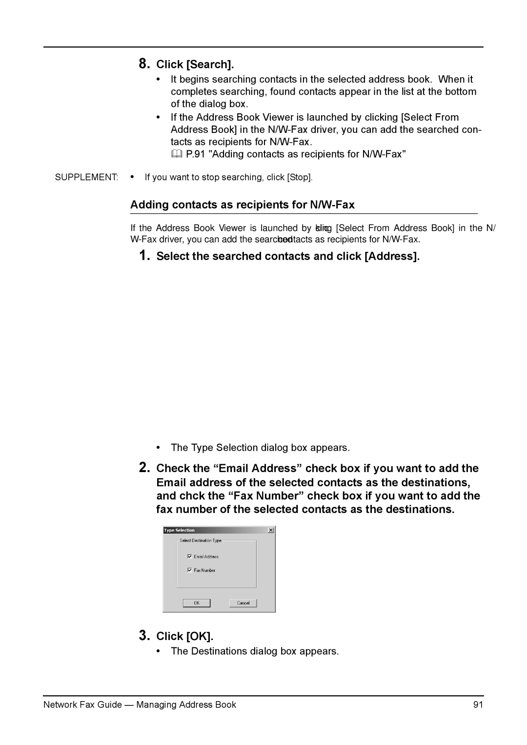 Toshiba 230/280, 3511/4511 manual Adding contacts as recipients for N/W-Fax, Select the searched contacts and click Address 