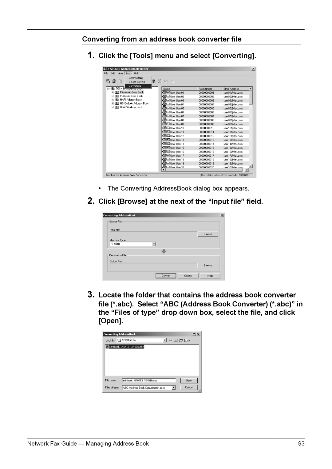 Toshiba 3511/4511, 230/280, 350/450 manual Converting AddressBook dialog box appears 