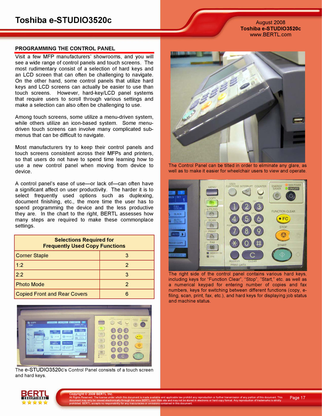 Toshiba 3520C manual Programming the Control Panel, Selections Required for Frequently Used Copy Functions 