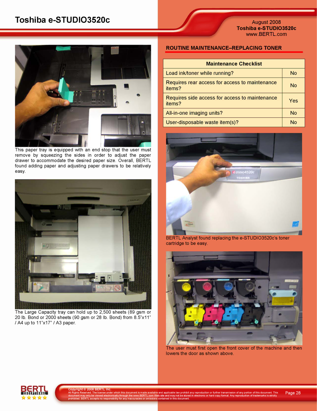 Toshiba 3520C manual Routine MAINTENANCE-REPLACING Toner, Maintenance Checklist 