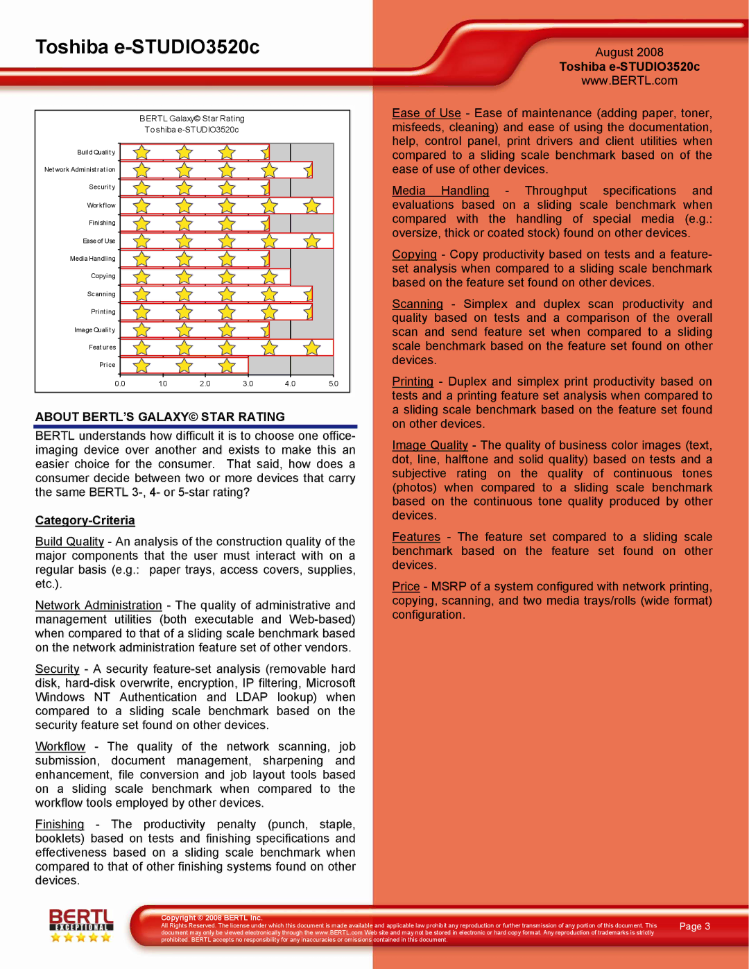 Toshiba 3520C manual About BERTL’S Galaxy Star Rating, Category-Criteria 