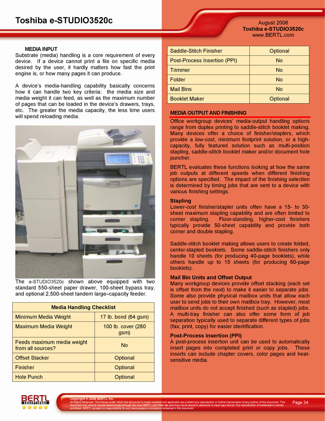 Toshiba 3520C manual Media Input, Media Output and Finishing 