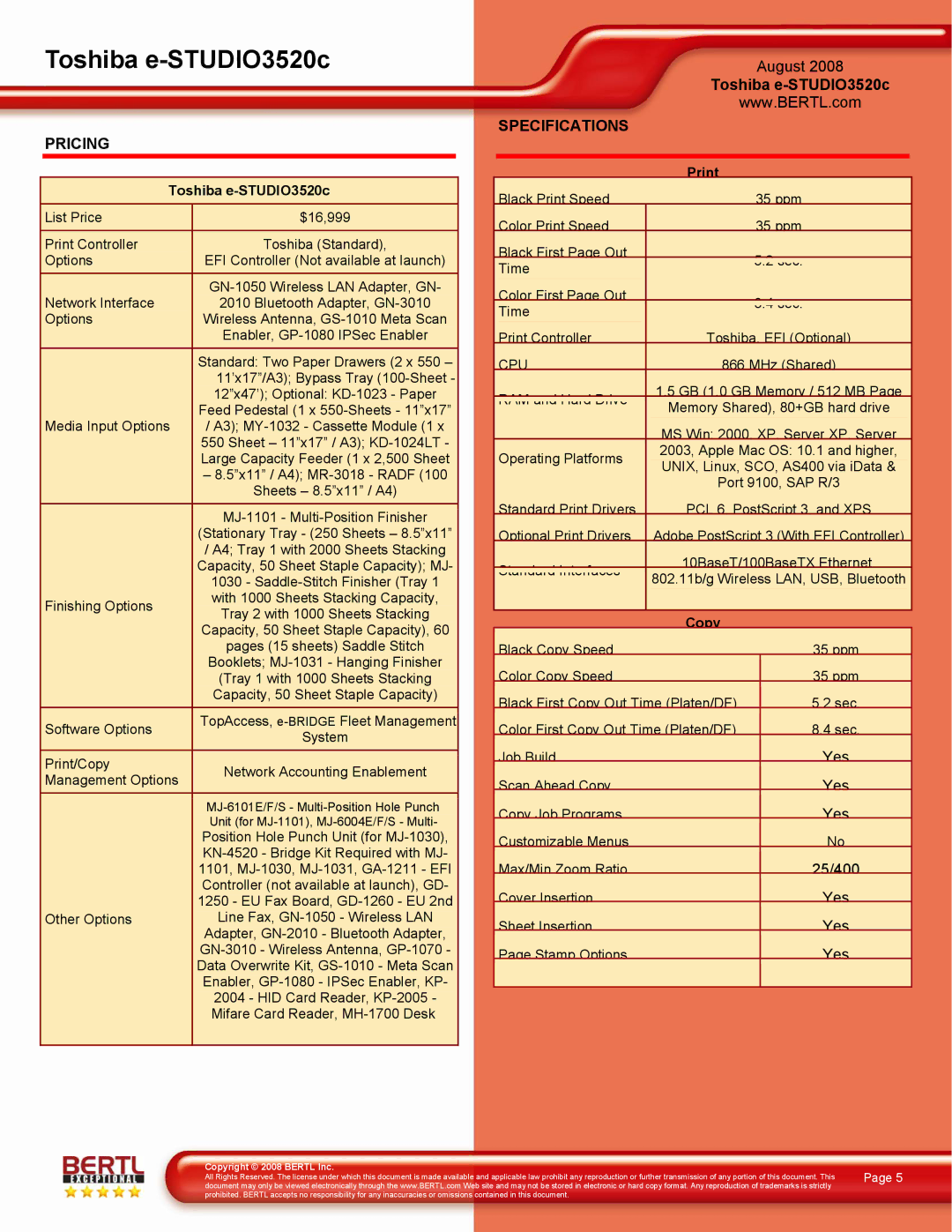 Toshiba 3520C manual Pricing, Specifications, Print Toshiba e-STUDIO3520c, Copy 