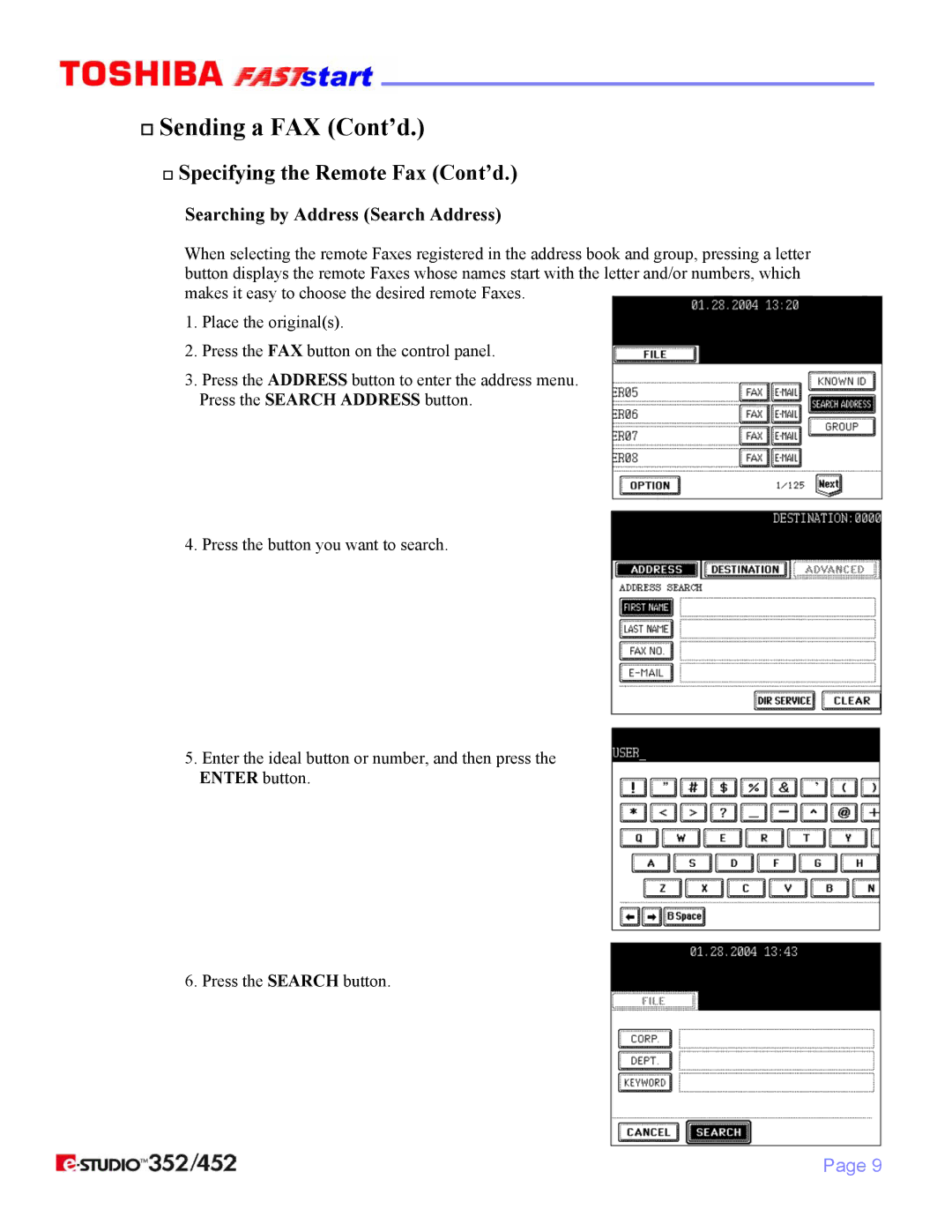 Toshiba 352/452 manual Searching by Address Search Address 