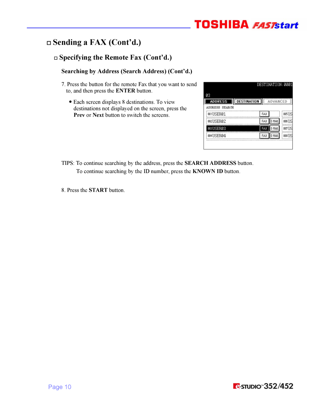 Toshiba 352/452 manual Searching by Address Search Address Cont’d 