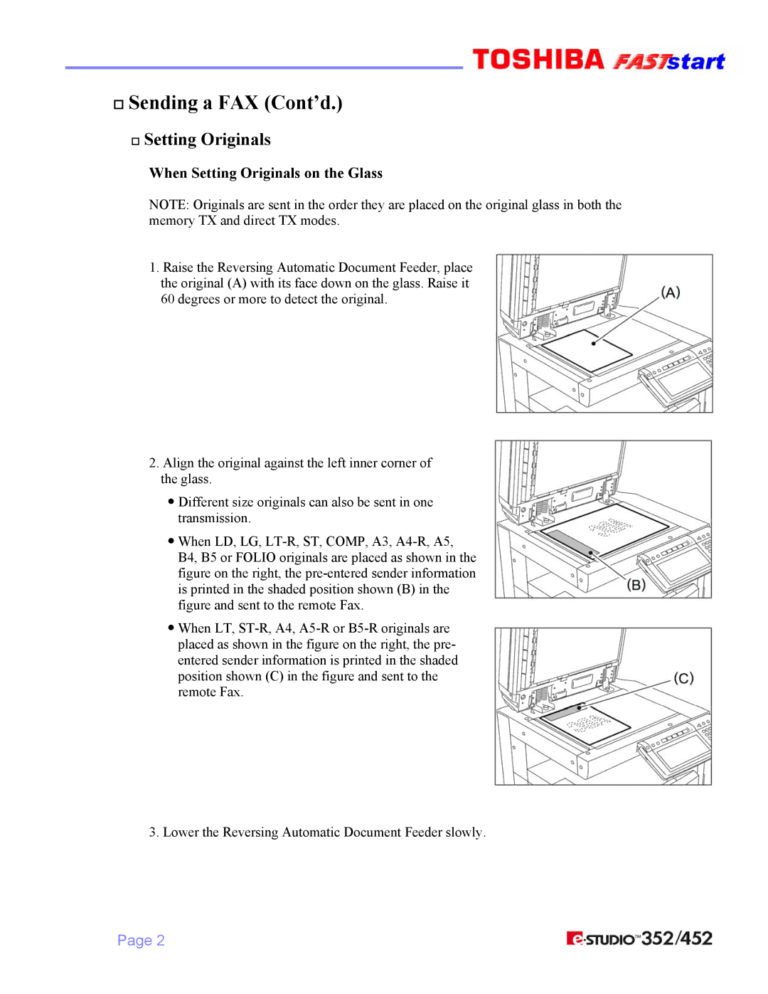 Toshiba 352/452 manual † Sending a FAX Cont’d, † Setting Originals, When Setting Originals on the Glass 